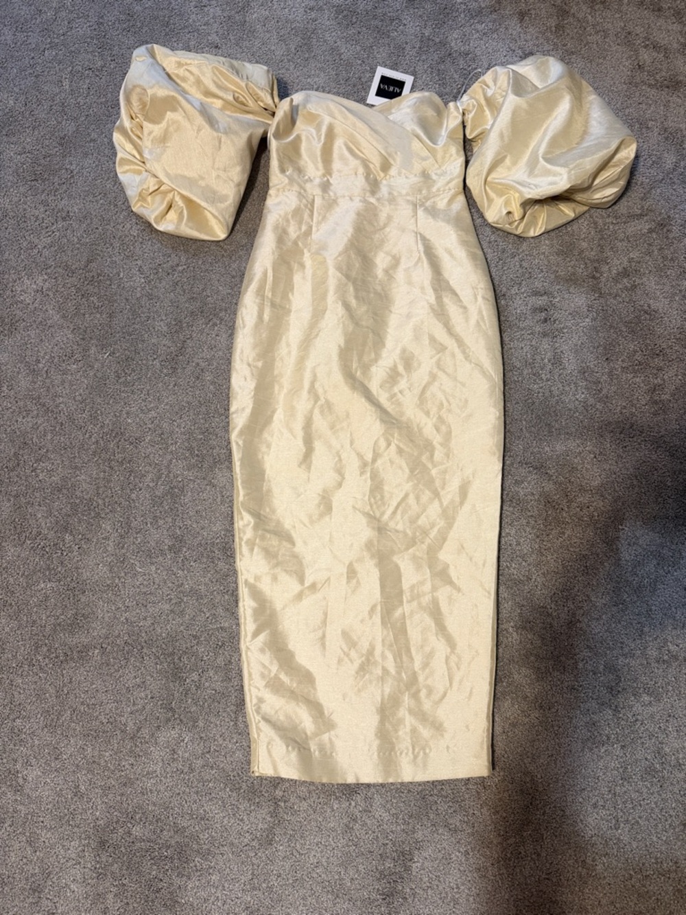 Vintage Alieva Elegant Cream Ivory Satin Puff-Sleeve Midi Cocktail Dress NWT